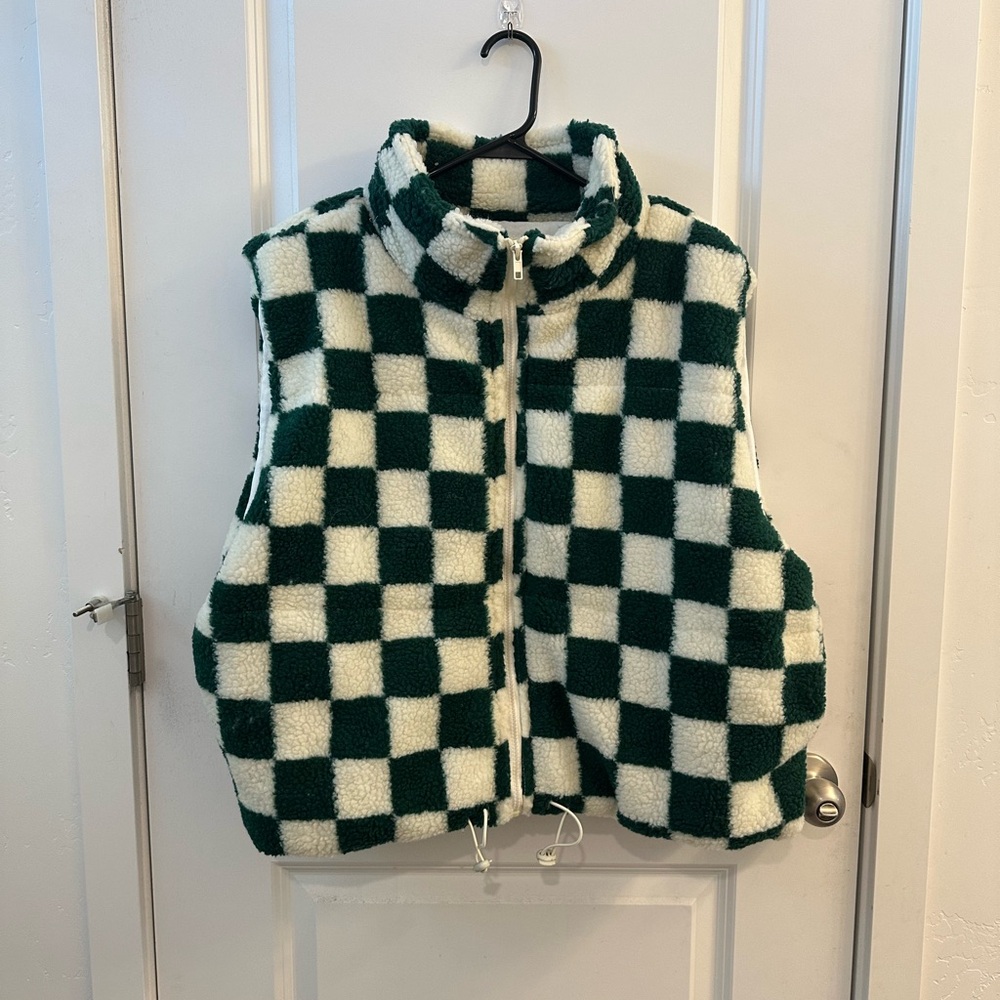 Checkered Green and White Fleece Vest